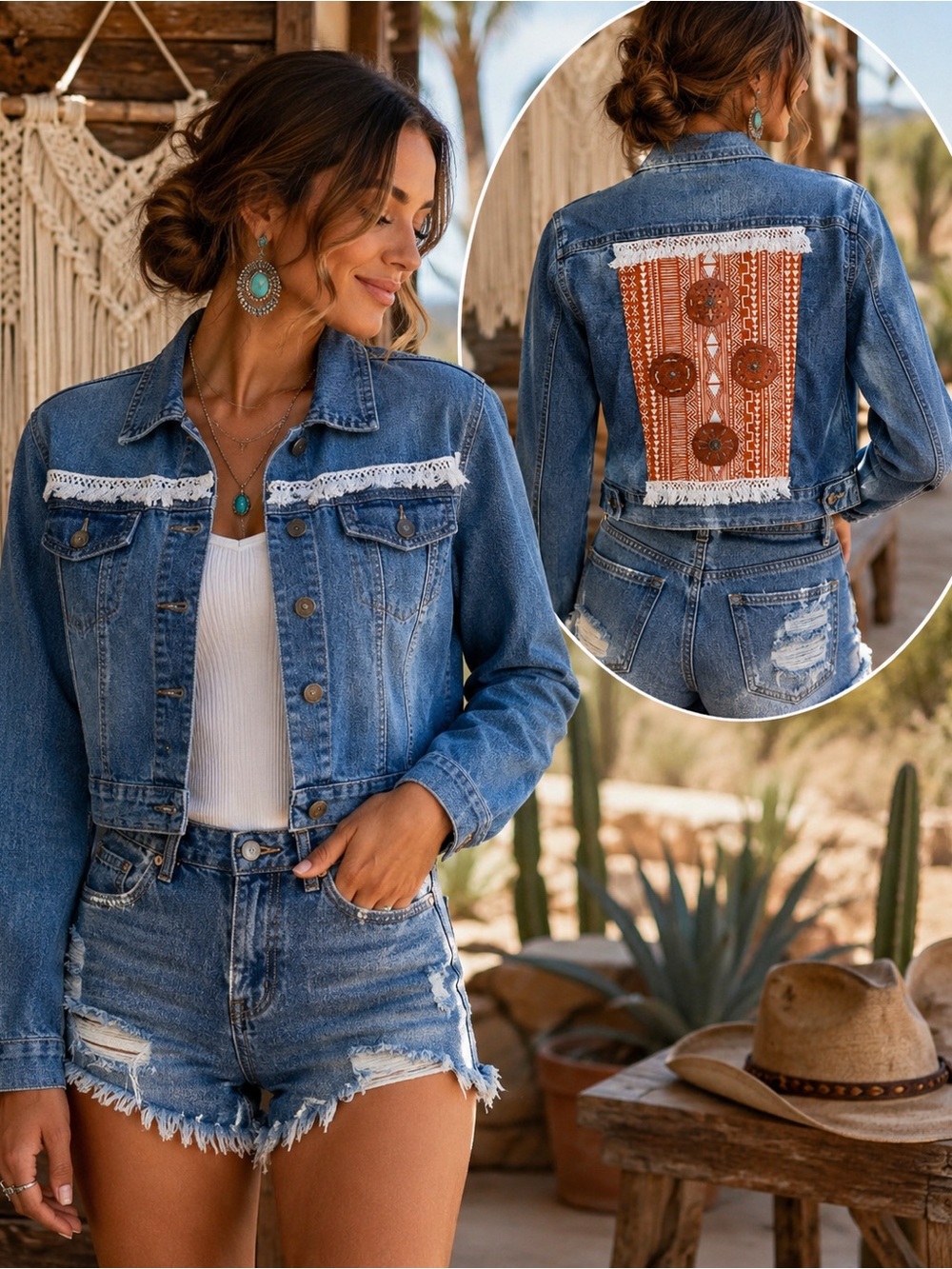 Cropped Boho Denim Jacket Aztec Southwestern Fringe Festival Medium